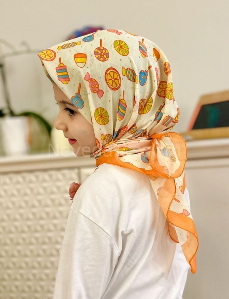 Çocuk Eşarp - Turuncu Şeker Desenli